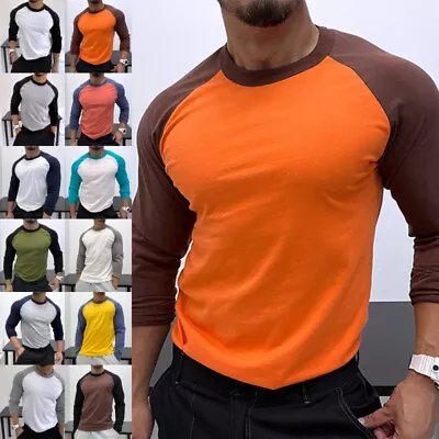 Buy Men's T Shirts Long Sleeve T-shirt Mens Crew Neck Work Fashion Color Block Tops • 13.29£