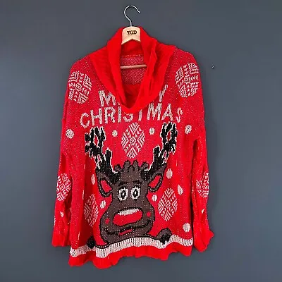 Buy Ladies Red Merry Christmas Reindeer Knitted Cowl Neck Christmas Jumper 18-20 • 3.99£