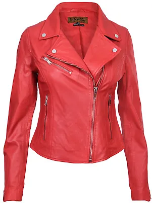 Buy Ladies Leather Jacket Classic Biker Style Red Real Leather Womens Jacket • 76.49£