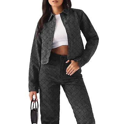 Buy Womens Denim Crop Jacket Diamond Stitch Black Acid Wash Full Sleeve Jean Coat UK • 32.99£