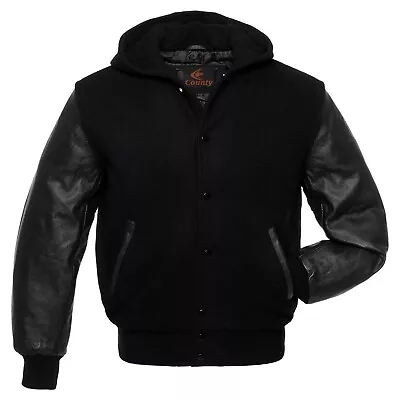 Buy Bomber Varsity Letterman Baseball Hoodie Jacket Black Body Black Leather Sleeves • 77.99£