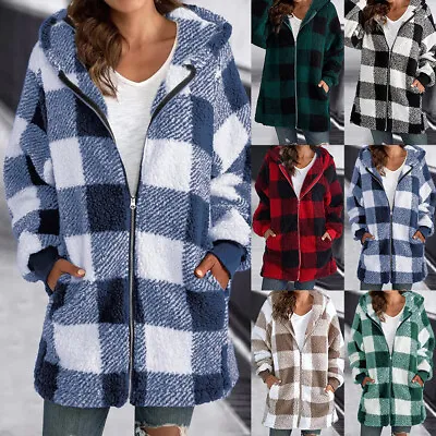 Buy Ladies Fleece Teddy Bear Check Coat Overcoat Zip Hooded Jacket Jumper Plus Size • 11.19£