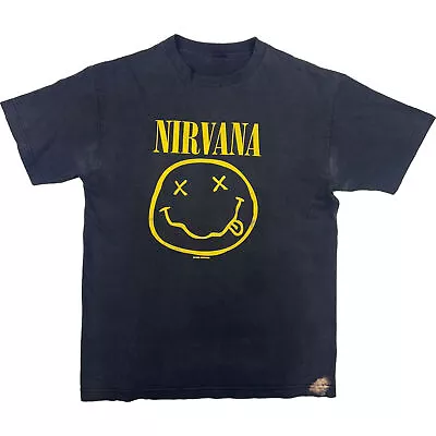 Buy Vintage 1992 Nirvana Smiley Face Graphic T-shirt Black Rare Medium • 129.99£