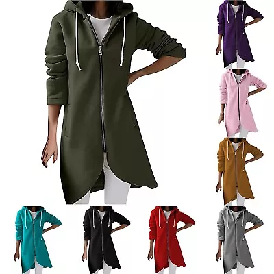 Buy Womens Brown Lightweight Tunic Open Front Sweatshirt Zip Up Long Hooded Jacket • 20.44£