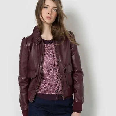 Buy Mademoiselle R Dark Red Sheep Leather Bomber Jacket La Redoute US 16 Bow Lining • 94.50£