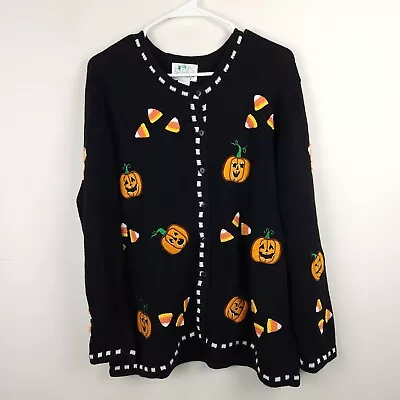 Buy Quacker Factory Cardigan Women's Large Black Pumpkin Halloween Sweater Cany Corn • 23.67£