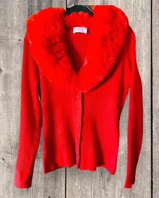 Buy VTG 80s Red Cardigan Faux Fur Collar 90s Retro Knit July 4th Party Sz L Knitted • 13.99£