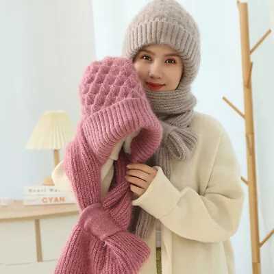 Buy All-in-One Knitted Hat Scarf Warm Plush Hat Thick Hooded Scarf Ear Protection • 7.99£