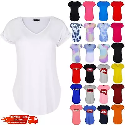 Buy New Womens Ladies Curved Hem Oversized T-Shirt V Neck Turn Up Sleeve Basic Top • 3.99£