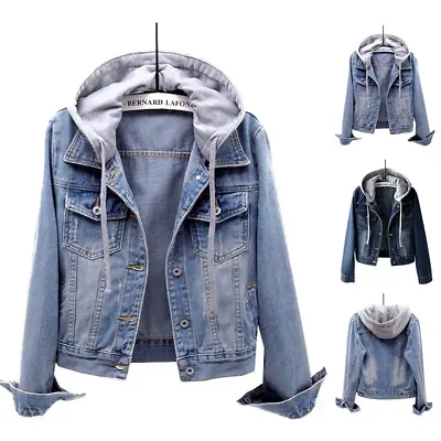 Buy Women Ladies Denim Jacket Coat Hooded Top Hoodies Jeans Casual Long Sleeve Blue • 9.95£