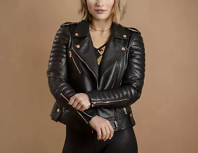 Buy Women Black Biker Slim Fit Quilted Jacket Outwear 100% Genuine Lambskin Leather • 125.34£