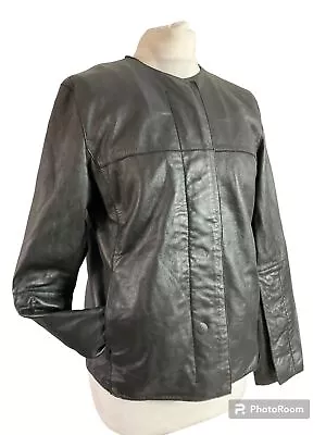 Buy Max Studio Ladies Black Real Leather Button Up Round Neck Jacket UK 8 10 Biker • 39.99£