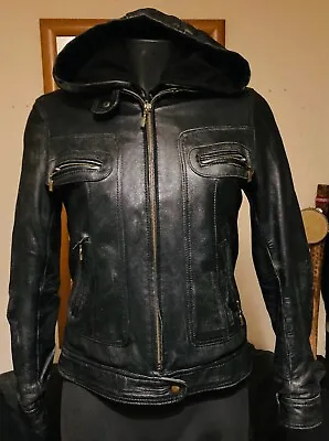 Buy Vintage Toscana Line Black Lamb Leather Double Cropped Hooded Jacket M (S) • 34.99£
