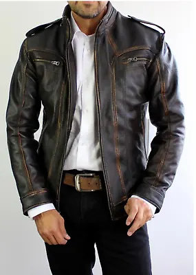Buy Mens Biker Motorcycle Slim Fit Vintage Distressed Cowhide Winter Leather Jacket • 89.99£