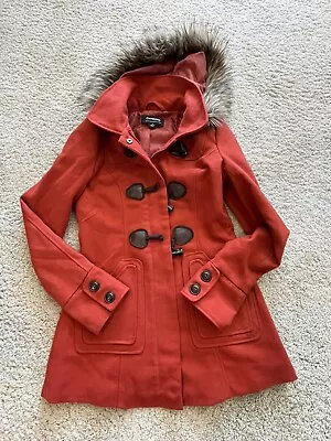 Buy Coffeeshop Toggle Orange Peacoat With Faux Fur Hood. Size Small. So Flattering ! • 28.42£