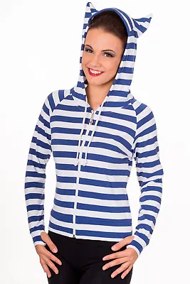 Buy Women's Blue White Striped Emo Rockabilly Punk Cat Ears Hoodie BANNED Apparel • 30.99£