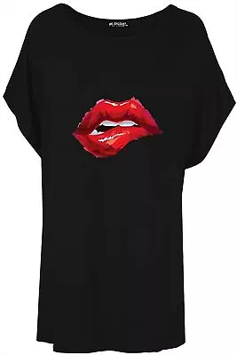 Buy Womens Ladies Biting Lips Printed Loose Oversized Batwing Basic Baggy T-Shirt • 4.89£