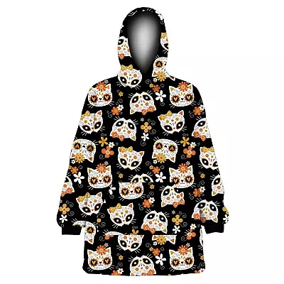 Buy Unisex Gothic Floral Sugar Skulls Kitty Cat Print Fleece Oversize Blanket Hoodie • 37.99£