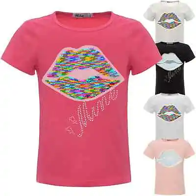 Buy Girl T Shirt Short Sleeve Shirts Reversible Sequin Kiss Mouth 22548 • 6.32£