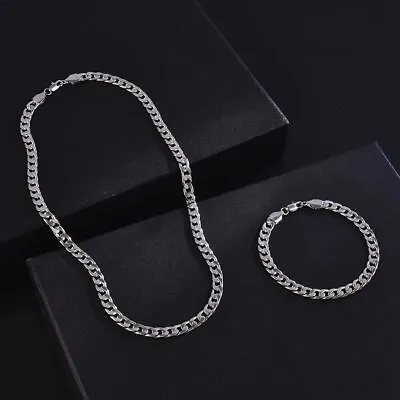 Buy Sterling Solid Silver 7MM Men Cuban Curb Chain Necklace +Silver Bracelet Set • 5.99£