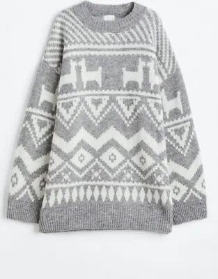Buy H&M Grey Jacquard Soft Knit Long Jumper Dress Llama Aztec Oversized L  • 14.99£