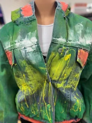 Buy Vibrant Hand-Painted Green Denim Jacket With Abstract Drip Design With Hood Line • 76.14£