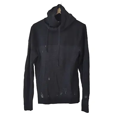 Buy We Norwegians Funnel Neck Hoodie Sweatshirt Distressed Black Gray Merino Wool M • 103.94£
