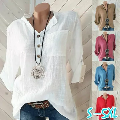 Buy Womens Tunic Cotton Linen Pullover Blouse Tops Ladies Summer Long Sleeve T-Shirt • 9.99£