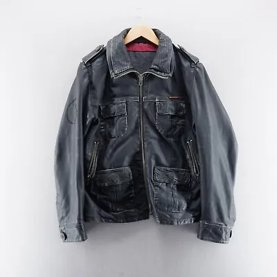 Buy Superdry Mens Leather Jacket Medium Black Bomber Biker Pockets Full Zip Brad • 44.99£
