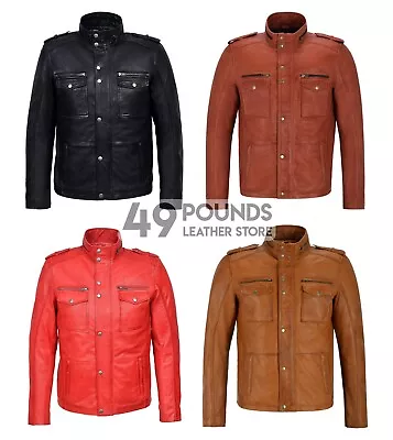 Buy Mens Trojan Leather Jacket Tan Reefer Biker Style Zipped Cuffs Real Leather 5540 • 49£