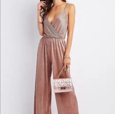 Buy Rose Gold Lame Ribbed Metallic Jumpsuit Charlotte Russe Shiny Disco 70’s XS • 18.89£