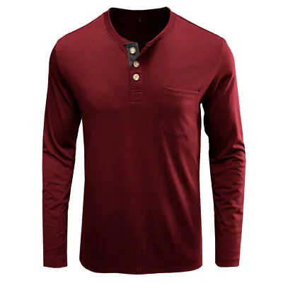 Buy Mens Casual Long Sleeve T-shirt Henley Grandad V Neck Button Solid Tee Shirt Top • 13.79£