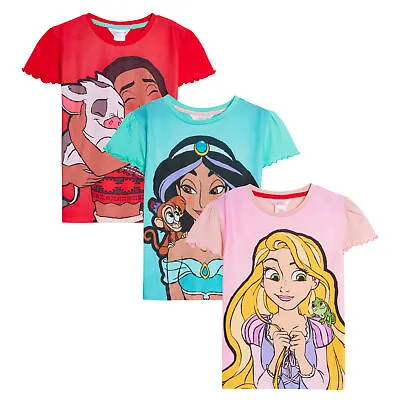 Buy Girls 3 Pack Disney Princess T-Shirts Kids Jasmine Moana Rapunzel Dress Up Top • 15.95£