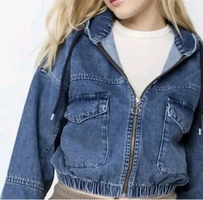 Buy Denin Jacket Urban Outfitters Hooded Patch Pocket Utility Cropped Ful Zip Ladies • 17.99£
