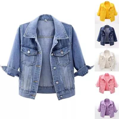 Buy Womens Denim Jacket Womens Coat Color Plain Top Button Up Ladies Short Jean Top • 18.24£