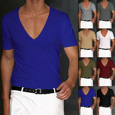 Buy Mens V Neck Muscle Tee Short Sleeve T-shirt Summer Casual Blouse Slim Fit Tops • 9.19£