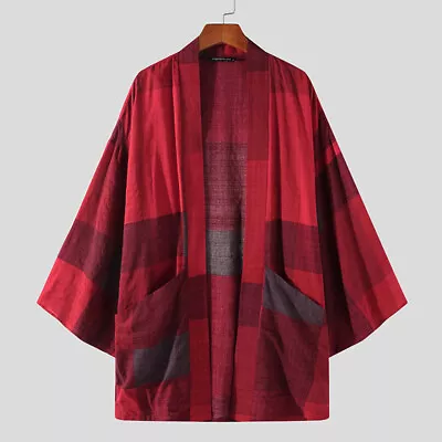 Buy INCERUN Men Japanese Check Print Kimono Cardigan Hippie Baggy Coat Jacket Tops • 14.48£