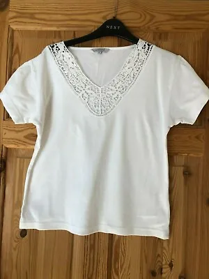 Buy ILLUSIONS Ladies Pretty White V Neck Floral Lace Detail T Shirt Size L • 3.30£