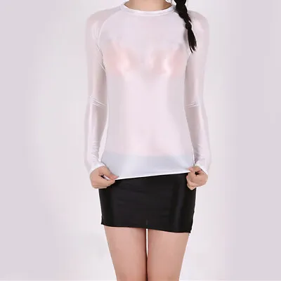 Buy Women Oil Shiny Glossy Long Sleeve Blouse Slimming T-Shirt Yoga Gym Stretch Top • 12.99£