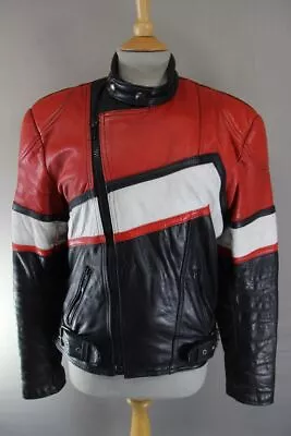 Buy VINTAGE 1980's SPORTEX BLACK, RED AND WHITE COMBI LEATHER BIKER JACKET 38 INCH • 49£