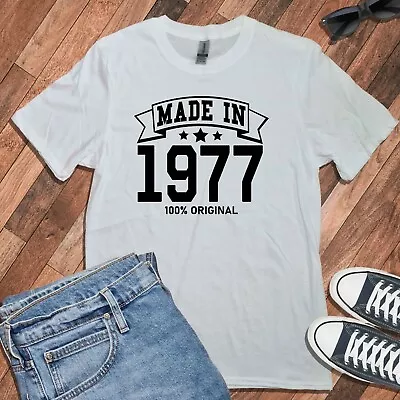 Buy MADE IN 1977 T-SHIRT (Gildan Birthday 45th Gift Dad Mom Present Vintage Party) • 15.79£