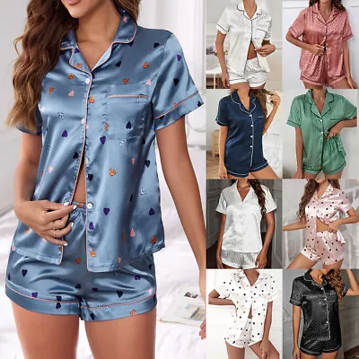 Buy Women Ladies Satin Silk Pyjamas Pj Short Sleeve Shirts Tops Soft Nightwear Set • 11.49£