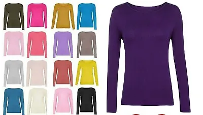 Buy Womens Long Sleeve Round Neck Plain Basic Ladies Stretch T-Shirt Top UK 8-26 • 7.99£
