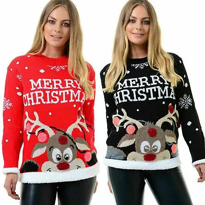 Buy Ladies Women's Merry Christmas Rudolph 3D Pom Pom Jumper Retro Festive Pullover  • 8.99£