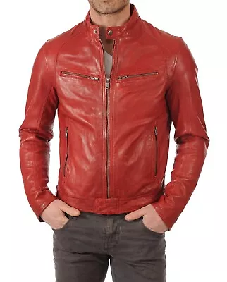 Buy Men's Slim Fit Red Leather Jacket Biker Genuine Lambskin Leather Fashion Jacket • 98£