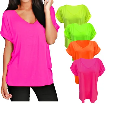 Buy Womens T Shirt Ladies Oversized Baggy Turn Up Batwing Loose V Neck Top Plus Size • 6.49£