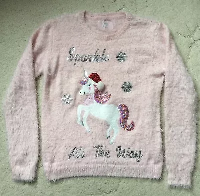 Buy Unicorn VGC Fluffy Sparkly Christmas Jumper Pink  10/11 Years • 5£