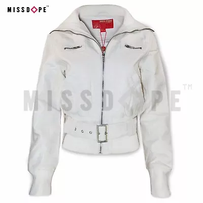 Buy New White Womens Faux Leather Jacket Belted Motorcycle Biker Winter Thick Ladies • 29.99£