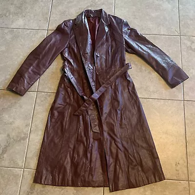 Buy VTG 70s 80s Burgundy Red Leather Trench Coat Duster Belt W/ Buttons Sz 12 Fitted • 91.60£