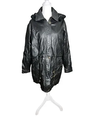Buy Vtg Gio Armand Made In Italy Leather Long Jacket Coat Hood Faux Fur Trim Sz L • 33.78£